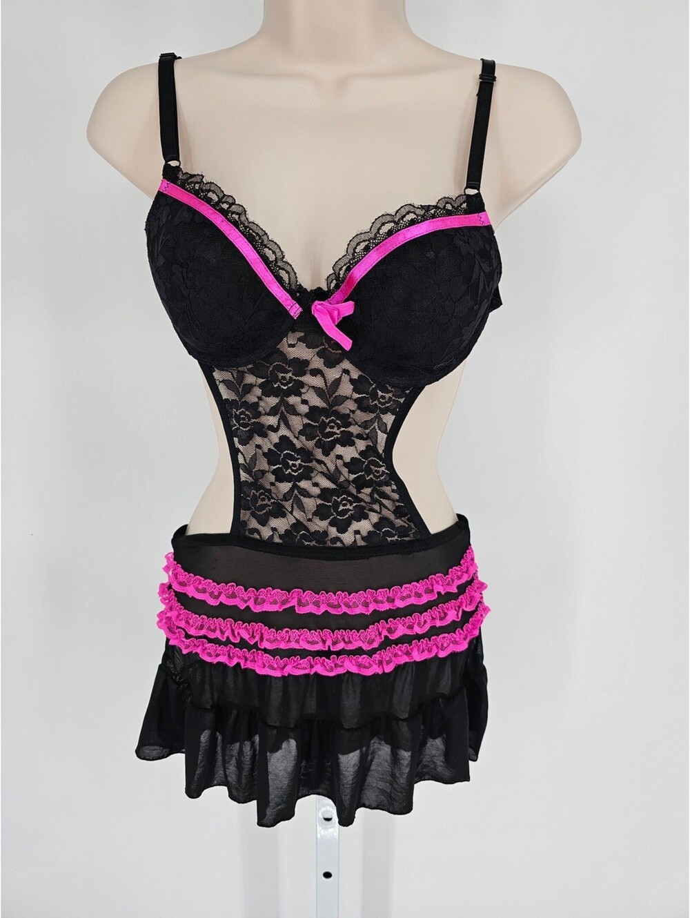 Vintage Y2K Rampage Intimates Womens Sz S Apron Style Nightie Black Pink Lace